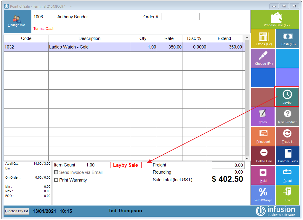Processing A Layby Sale in Infusion Infusion Business Software